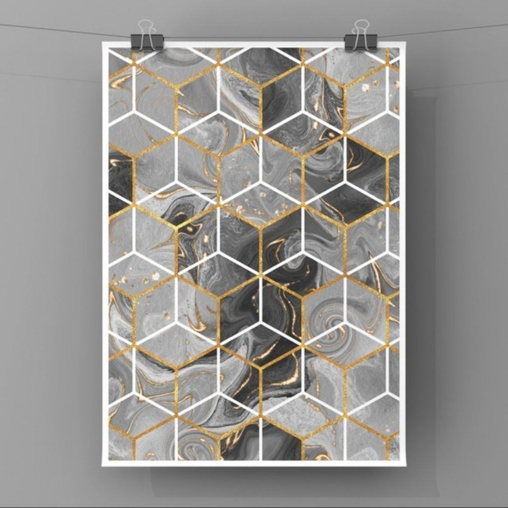 Black grey abstract art cubes pattern art print